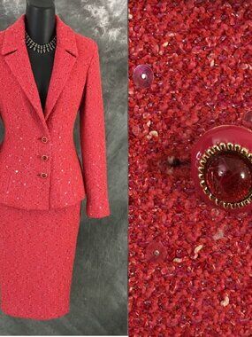 BEAUTIFUL St John couture knit pink embellished jacket skirt suit size 2